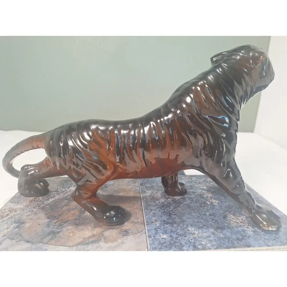 Vintage Mid Century Roaring Tiger Figurine Ceramic Black Brown Drip Glaze Japan